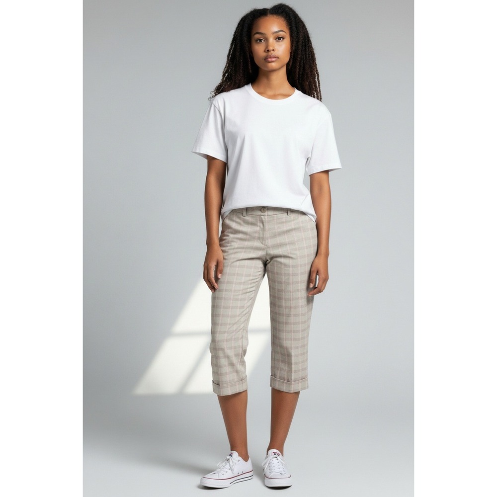 Danielle B Plaid Capri Pants Womens 16 Tan Beige Cuffed Cropped Trousers
